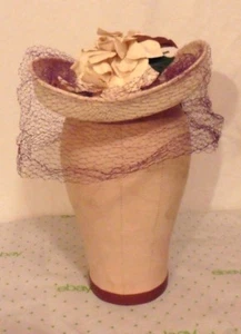 Vict/Edw/30s-40s FINE Straw TILT HAT w/Flowers,Purple Net by New York Creations - Picture 1 of 10