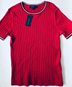 Tommy Hilfiger womens Cable knit sweater Size L XL Red Flag logo Short Sleeve - Picture 1 of 6