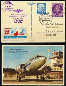 ALEMANIA a JAPÓN 1954 Campana del Estado de Berlín + en SAS Primer Vuelo FFC Correo Aéreo Foto PPC - Imagen 1 de 3