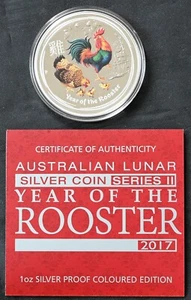2017 Australia Lunar Year of the Rooster 1 oz Silver Proof Colored Coin FREE S/H - Picture 1 of 6