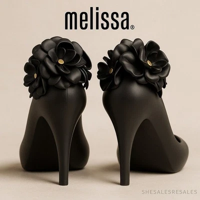 Melissa Incense Garden Floral Heels Black Size 10 – Vegan Rubber Flower Pump – C - Image 1 of 4