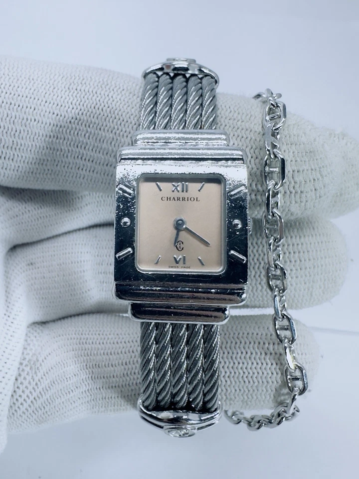 Reloj Philippe Charriol St. Tropez esfera melocotón plata esterlina y acero con cable brazalete Foto 1 de 4