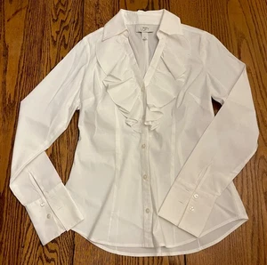 Loft Women’s White Ruffle Blouse Size 0 Long Sleeve Cotton Blend - Picture 1 of 7