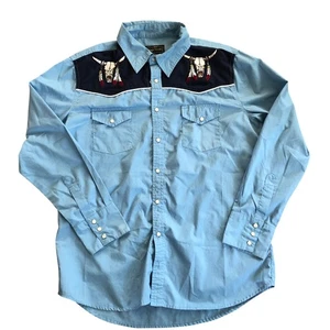 High Noon Western Shirt Large Blue Cow Skull Feather Embroidery Enamel Snaps - Picture 1 of 10