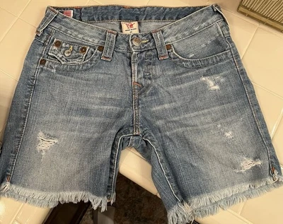 True Religion Women’s Denim Shorts, Size 25, Model Jayde, Orange Accent Thread - Image 1 of 4
