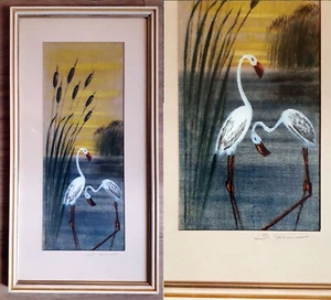 Gelegenheit: seltenes Wandbild "Weiße Flamingos" signiert handgemalt Leinwand - Bild 1 von 12