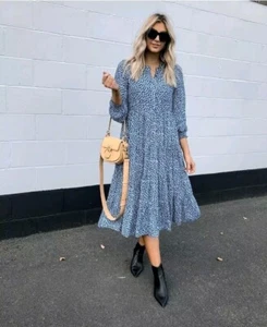 Zara Women Animal Print Midi Dress Size Small Boho Oversized Trendy Tiered - Picture 1 of 8