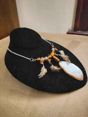 Collar astilla ágata - Cadena de plata de ley con detalles de cuentas y plumas Foto 1 de 3