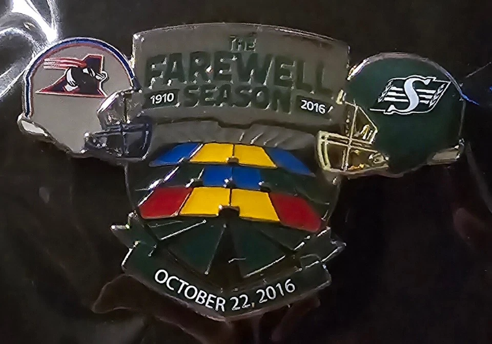 SASKATCHEWAN ROUGHRIDERS 2016 FAREWELL SEASON vs MONTREAL ALOUETTES LAPEL PIN - Image 1 of 1
