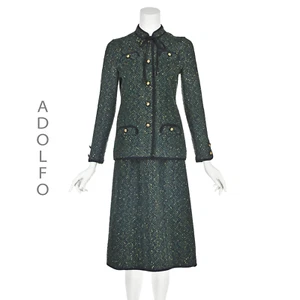 ADOLFO Vintage Navy & Teal Green Tweed Knit Suit with A-line Skirt SZ 4-6 SMALL - Picture 1 of 8