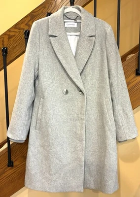 Calvin Klein Wool Blend Winter Coat Light Gray Pockets Elastic Cuffs SZ.LG Women - Image 1 of 4