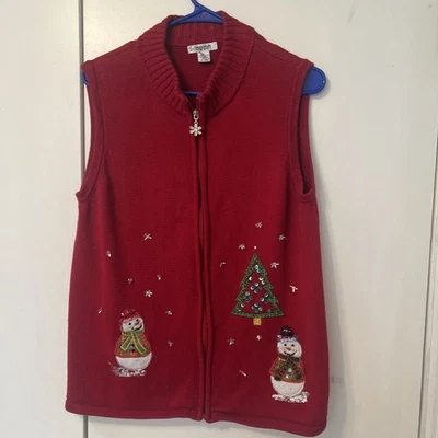 Colete suéter de Natal vermelho Hampshire Studio bonecos de neve lantejoulas árvore férias GG - Imagem 1 de 4