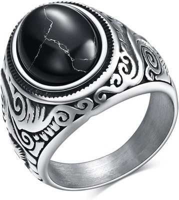 Anillo retro de piedra ojo de tigre de acero inoxidable para hombre, anillo de piedra ovalada de ónix negro Jewe Foto 1 de 4