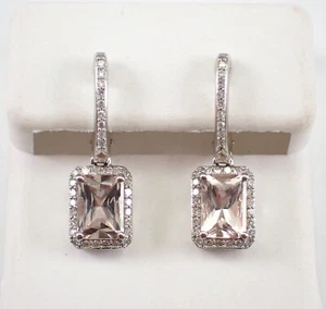 Morganite and Diamond Halo Dangle Earrings White Gold Gemstone Jewelry - Picture 1 of 5