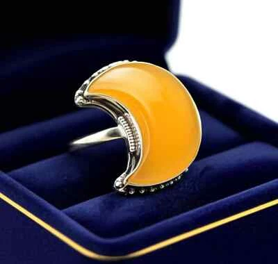 Deslumbrante Anel Lua Amarelo Jade e Prata - Um Presente Exclusivo para Ela | Laranja Feito à Mão - Imagem 1 de 4