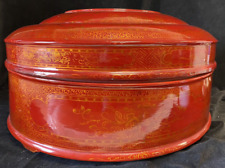 Large Circular Red Cinnabar Lacquer Lidded Box Casket Gilded Dragons  20"