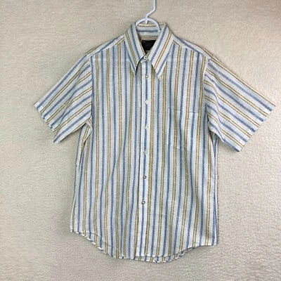 JC Pennys Mens 15.5 (M) Vtg 70s Shirt Dagger Collar Disco Mod Blue Gold Stripe - Image 1 of 4