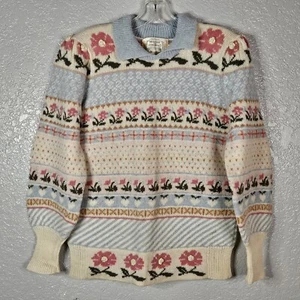 Vtg. 80's Moussie Susan Bristol Sz. 34 Pullover Sweater Pink Flowers Blue Collar - Picture 1 of 11