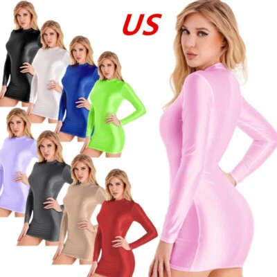 Vestido lápiz ceñido al cuerpo de manga larga micro brillante al aceite para mujer ropa de club nocturno Foto 1 de 4