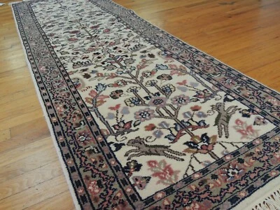 2x8 RUNNER Rug wool Hand knotted Tabrize Ivory Blue/Gray ANIMALS BIRDS Pink - Image 1 of 4