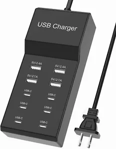 USB Black Wall Charger with 10-Port Family-Sized USB/C Type Ports - Picture 1 of 4
