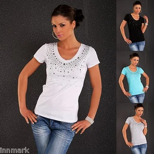HERMOSA CAMISA BLANCA ALGODÓN MANGA CORTA DIAMANTES DE IMITACIÓN TALLA S/M 776 - Imagen 1 de 4