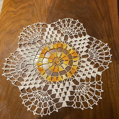Handmade Crochet Starburst Doily White With Orange/Yellow “Sun” Center 13” - Image 1 of 4