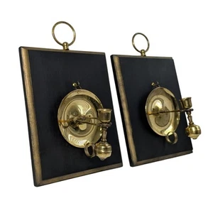 Vintage Dark Academia Black Wood Square and Solid Brass Candle Wall Sconces Pair - Picture 1 of 9