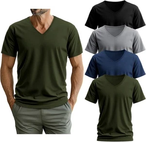 Huukeay 4 Pack Men's V Neck Cotton Large, Black, Light Gray, Blue, Army Green - Picture 1 of 7