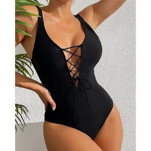 2025 Neu Einteiler Badeanzug Damen Einfarbig Kordelzug Luftdicht Swimsuit - Bild 1 von 13