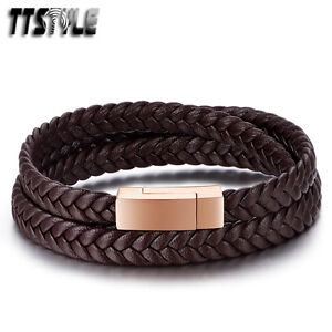 TTstyle Deep Brown Leather 316L S.Steel Rose Gold Magnet Buckle Bracelet NEW