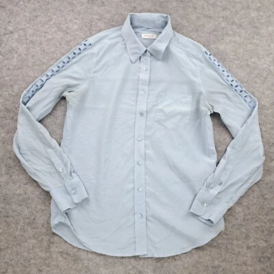 Camisa Equipment Mujer Pequeña Azul Abotonada Seda Manga Larga Top Carrera Recorte Foto 1 de 4