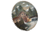 Hand Painted Wooden Circular Saw Blade, Water Mill Wheel Nature Scene Signed 17"
