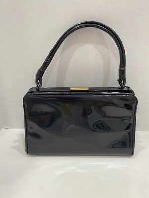 Vintage MCM 1950s Shiny Black Purse Handbag Brass Clasp - Image 1 of 4