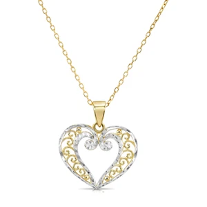 14K Real Solid Two-Tone Gold Filigree Open Heart Pendant Charm Necklace 18 in - Picture 1 of 12