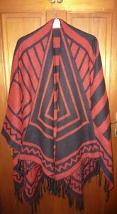 Ladies Wrap Open Poncho Shawl Cape Blanket Wool Warm Winter Tassled Red Black - Picture 1 of 8