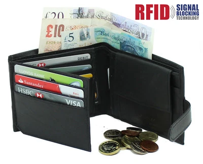 Mens RFID Real Leather Wallet With Zip Pocket Coin Pouch & ID Window 895 Black