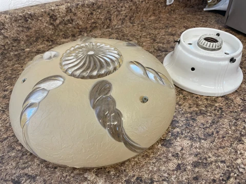 ANTIQUE PORCELAIN/GLASS Ceiling LIGHT FIXTURE with chains, 100+ years old Cover