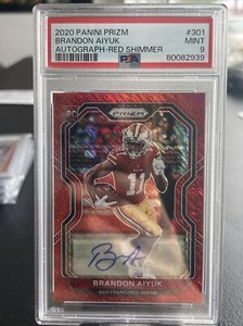 Brandon Aiyuk 2020 Prizm Red Shimmer Auto RC #301 /35 PSA 9 MINT COLOR MATCH