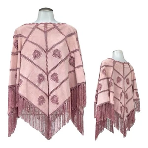 Vintage 90s NEWPORT NEWS Womens Suede Leather Poncho Cape Jacket Crochet Fringe - Picture 1 of 21