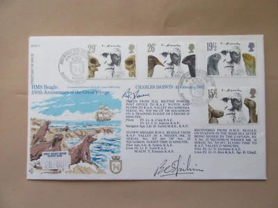 2 covers GB 1982 CHARLES DARWIN SIGNED 150th Anniv HMS BEAGLE RAF flown - Image 1 of 4
