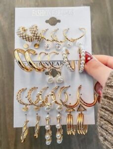 Beautiful Large Small 18 Pairs Set Gold Faux Pearl Hoop Earrings Jewellery Party