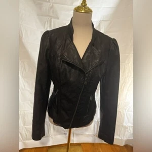Guess Black Faux Leather Jacket with Asymmetrical Zipper and Fitted Design - Picture 1 of 7