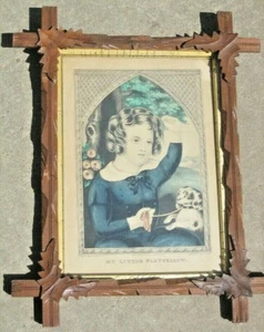 Litografía enmarcada coloreada a mano Kellogg de 1850 MI PEQUEÑO COMPAÑERO DE JUEGO, niño con cachorro/perro - Imagen 1 de 3