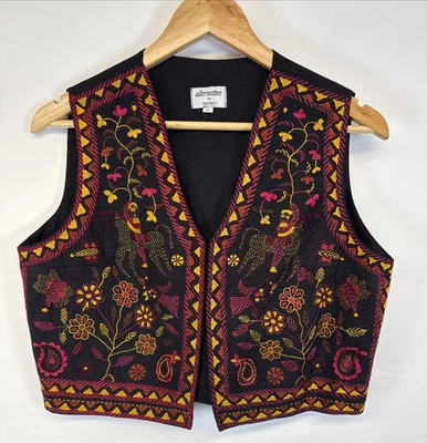 Alternatives By Traidcraft Waistcoat Black Yellow Embroidered Hippie UK M 8/10 - Image 1 of 4