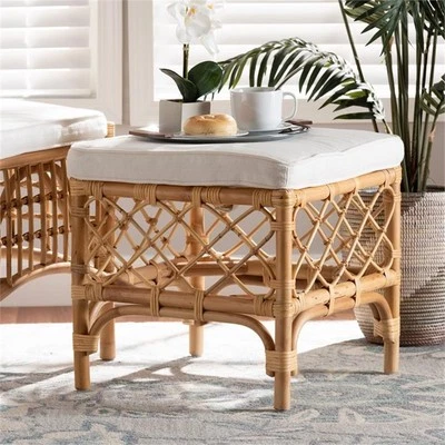 Baxton Studio Orchard White Fabric Upholstered and Brown Rattan Ottoman - Image 1 of 4