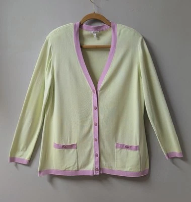 Cárdigan Suéter Escada Vintage Cuello en V Chartreuse Amarillo Lila Rosa Alemania 46 Foto 1 de 4