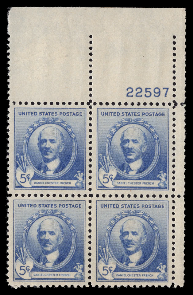 US Scott # 887, Daniel Chester French, Artist, Plate Block of 1940 5¢ Stamps MNH - Image 1 of 1