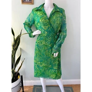 Abito ICE vintage seta avvolgente verde tropicale stampa palma chiffon midi estivo taglia 12 - Foto 1 di 11