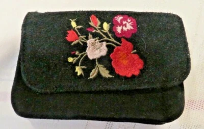 Vintage Suede Leather Coin Purse Floral Embroidered 4" x 3.5"  Foto 1 de 4